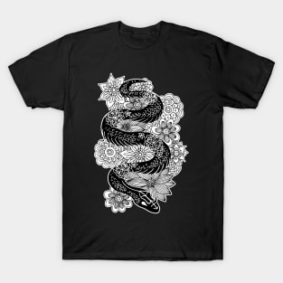 Snake with Flowers Black and White Drawing T-Shirt